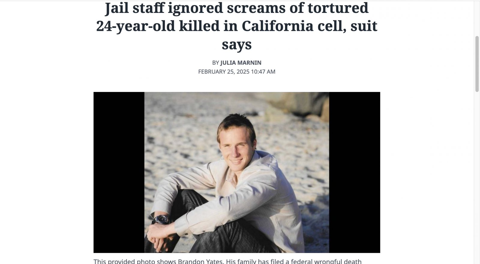 Sacramento Bee article re: Brandon Yates who died in custody at San Diego Central Jail
